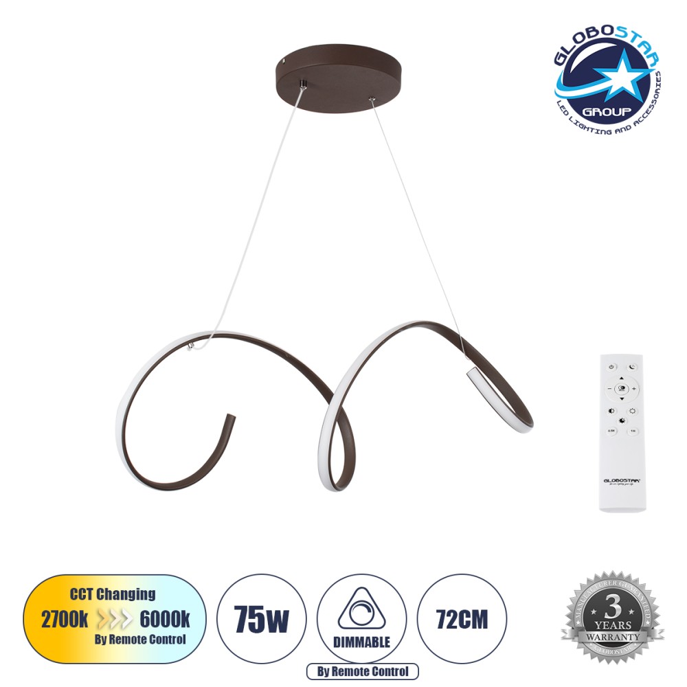 GLOBOSTAR® SPIRALE 61287 Μοντέρνο Κρεμαστό Φωτιστικό Οροφής LED 75W 7500lm 300° AC 220-240V IP20 Ρυθμιζόμενο Λευκό CCT με Χειριστήριο από 2700K έως 6000K Dimmable - Lumileds SMD Chip - Καφέ Ματ - Μ72 x Π25 x Υ30cm - 3 Χρόνια Εγγύηση