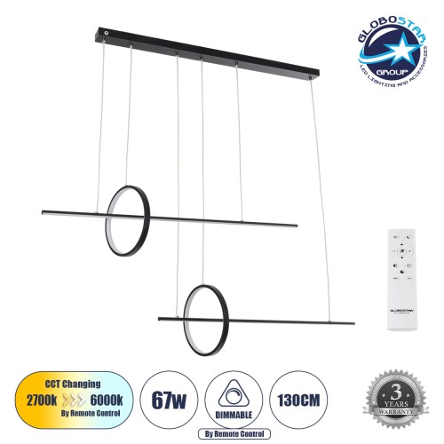 GLOBOSTAR® LINEARE 61290 Μοντέρνο Κρεμαστό Φωτιστικό Οροφής LED 67W 7504lm 300° AC 220-240V IP20 Ρυθμιζόμενο Λευκό CCT με Χειριστήριο από 2700K έως 6000K Dimmable - Lumileds SMD Chip - Μαύρο Ματ - Μ130 x Π25 x Υ60cm - 3 Χρόνια Εγγύηση