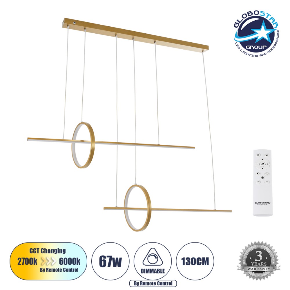 GLOBOSTAR® LINEARE 61291 Μοντέρνο Κρεμαστό Φωτιστικό Οροφής LED 67W 7504lm 300° AC 220-240V IP20 Ρυθμιζόμενο Λευκό CCT με Χειριστήριο από 2700K έως 6000K Dimmable - Lumileds SMD Chip - Χρυσό Βούρτσας - Μ130 x Π25 x Υ60cm - 3 Χρόνια Εγγύηση