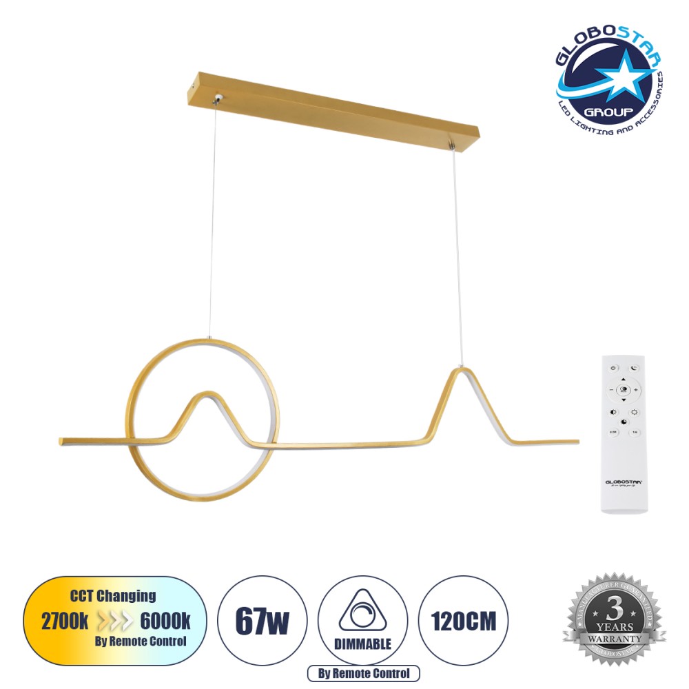 GLOBOSTAR® WINDY 61293 Μοντέρνο Κρεμαστό Φωτιστικό Οροφής LED 67W 7504lm 300° AC 220-240V IP20 Ρυθμιζόμενο Λευκό CCT με Χειριστήριο από 2700K έως 6000K Dimmable - Lumileds SMD Chip - Χρυσό Βούρτσας - Μ120 x Π4 x Υ30cm - 3 Χρόνια Εγγύηση