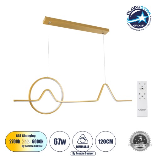 GLOBOSTAR® WINDY 61293 Μοντέρνο Κρεμαστό Φωτιστικό Οροφής LED 67W 7504lm 300° AC 220-240V IP20 Ρυθμιζόμενο Λευκό CCT με Χειριστήριο από 2700K έως 6000K Dimmable - Lumileds SMD Chip - Χρυσό Βούρτσας - Μ120 x Π4 x Υ30cm - 3 Χρόνια Εγγύηση
