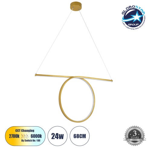 GLOBOSTAR® ROME 61297 Μοντέρνο Κρεμαστό Φωτιστικό Οροφής LED 24W 2640lm 200° AC 220-240V IP20 Ρυθμιζόμενο Λευκό CCT με On/Off 2700K/4500K/6000K - Lumileds SMD Chip - Χρυσό Βούρτσας - Μ65.5 x Π4 x Υ33cm - 3 Χρόνια Εγγύηση