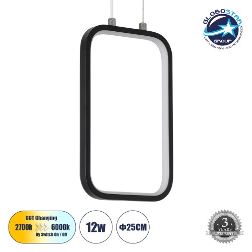 GLOBOSTAR® DEROBA 61298 Μοντέρνο Κρεμαστό Φωτιστικό Οροφής LED 12W 1320lm 360° AC 220-240V IP20 Ρυθμιζόμενο Λευκό CCT με On/Off 2700K/4500K/6000K - Lumileds SMD Chip - Μαύρο Ματ - Μ16 x Π1.6 x Υ25.5cm - 3 Χρόνια Εγγύηση