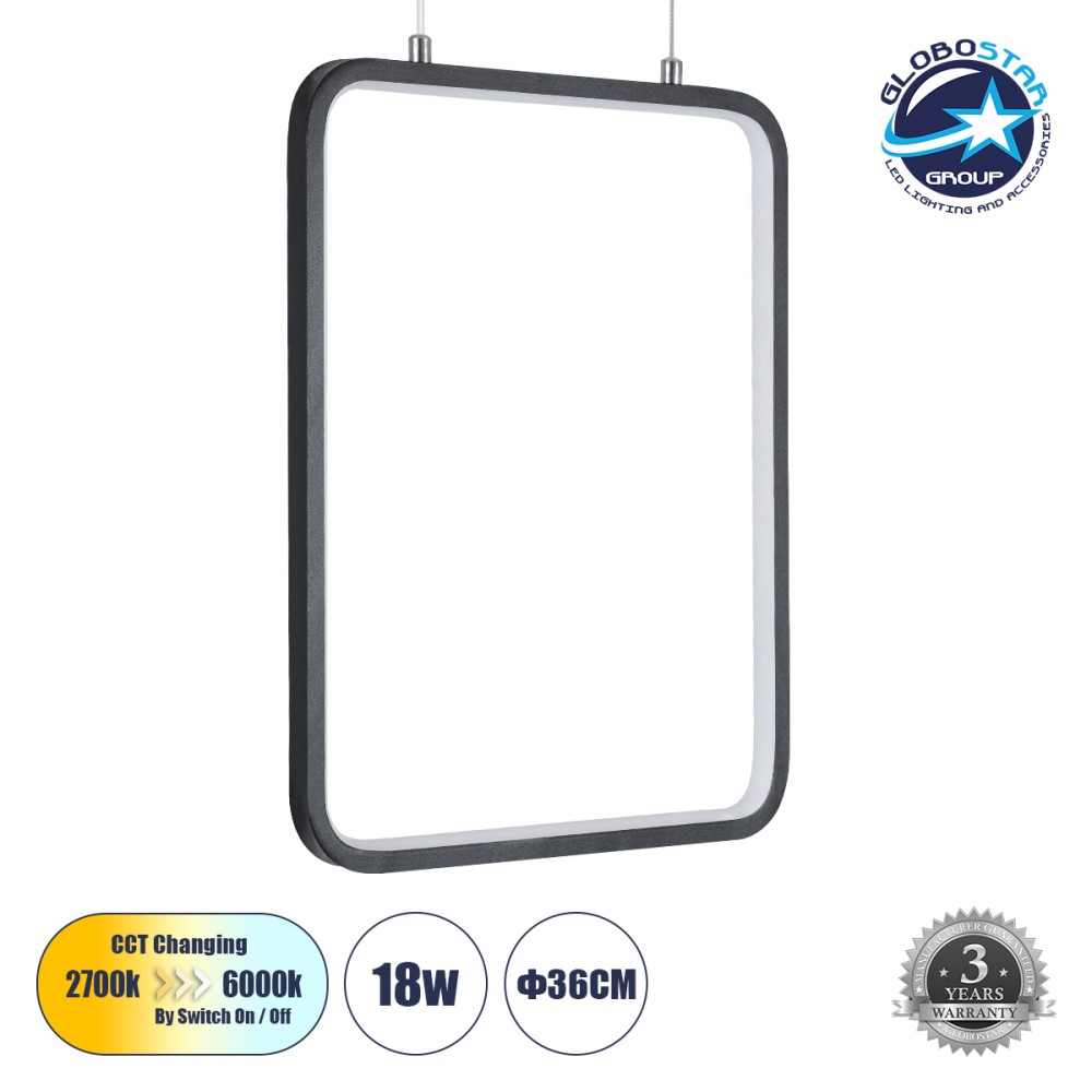 GLOBOSTAR® NEROBA 61302 Μοντέρνο Κρεμαστό Φωτιστικό Οροφής LED 18W 1980lm 360° AC 220-240V IP20 Ρυθμιζόμενο Λευκό CCT με On/Off 2700K/4500K/6000K - Lumileds SMD Chip - Μαύρο Ματ - Μ29 x Π2 x Υ36cm - 3 Χρόνια Εγγύηση