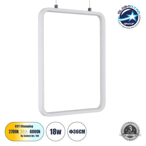 GLOBOSTAR® NEROBA 61303 Μοντέρνο Κρεμαστό Φωτιστικό Οροφής LED 18W 1980lm 360° AC 220-240V IP20 Ρυθμιζόμενο Λευκό CCT με On/Off 2700K/4500K/6000K - Lumileds SMD Chip - Λευκό Ματ - Μ29 x Π2 x Υ36cm - 3 Χρόνια Εγγύηση