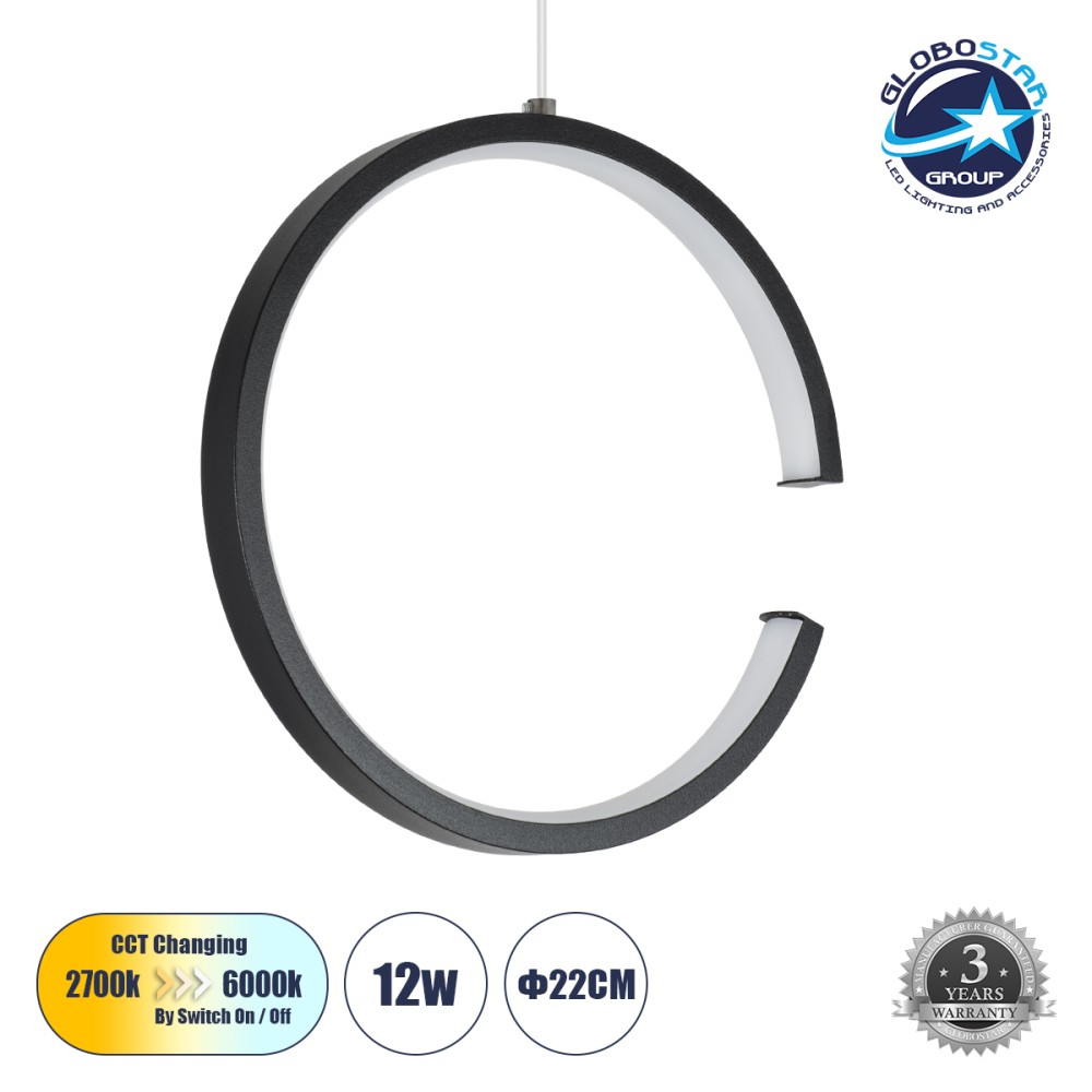 GLOBOSTAR® CEROBA 61306 Μοντέρνο Κρεμαστό Φωτιστικό Οροφής LED 12W 1320lm 360° AC 220-240V IP20 Ρυθμιζόμενο Λευκό CCT με On/Off 2700K/4500K/6000K - Lumileds SMD Chip - Μαύρο Ματ - Μ22 x Π2 x Υ22cm - 3 Χρόνια Εγγύηση