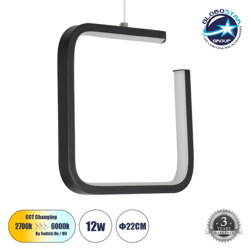 GLOBOSTAR® CEROBA 61308 Μοντέρνο Κρεμαστό Φωτιστικό Οροφής LED 12W 1320lm 360° AC 220-240V IP20 Ρυθμιζόμενο Λευκό CCT με On/Off 2700K/4500K/6000K - Lumileds SMD Chip - Μαύρο Ματ - Μ22 x Π2 x Υ22cm - 3 Χρόνια Εγγύηση