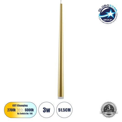 GLOBOSTAR® TEARS 61310 Μοντέρνο Κρεμαστό Φωτιστικό Οροφής LED 3W 330lm 180° AC 220-240V IP20 Ρυθμιζόμενο Λευκό CCT με On/Off 2700K/4500K/6000K - Lumileds SMD Chip - Χρυσό Βούρτσας - Μ3.2 x Π3.2 x Υ51.5cm - 3 Χρόνια Εγγύηση