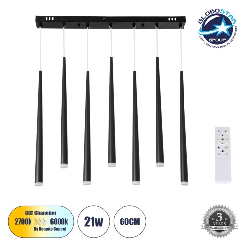 GLOBOSTAR® TEARS 61311 Μοντέρνο Κρεμαστό Φωτιστικό Οροφής LED 21W 2310lm 180° AC 220-240V IP20 Ρυθμιζόμενο Λευκό CCT με Χειριστήριο από 2700K έως 6000K Dimmable - Lumileds SMD Chip - Μαύρο Ματ - Μ70 x Π3.2 x Υ60cm - 3 Χρόνια Εγγύηση