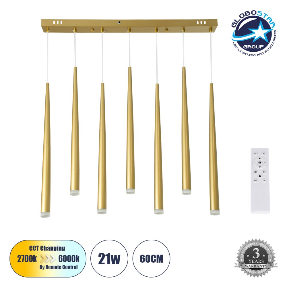 GLOBOSTAR® TEARS 61312 Μοντέρνο Κρεμαστό Φωτιστικό Οροφής LED 21W 2310lm 180° AC 220-240V IP20 Ρυθμιζόμενο Λευκό CCT με Χειριστήριο από 2700K έως 6000K Dimmable - Lumileds SMD Chip - Χρυσό Βούρτσας - Μ70 x Π3.2 x Υ60cm - 3 Χρόνια Εγγύηση