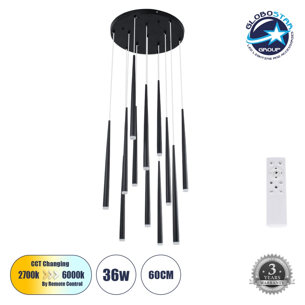 GLOBOSTAR® TEARS 61313 Μοντέρνο Κρεμαστό Φωτιστικό Οροφής LED 36W 3960lm 180° AC 220-240V IP20 Ρυθμιζόμενο Λευκό CCT με Χειριστήριο από 2700K έως 6000K Dimmable - Lumileds SMD Chip - Μαύρο - Μ60 x Π60 x Υ51.5cm - 3 Χρόνια Εγγύηση