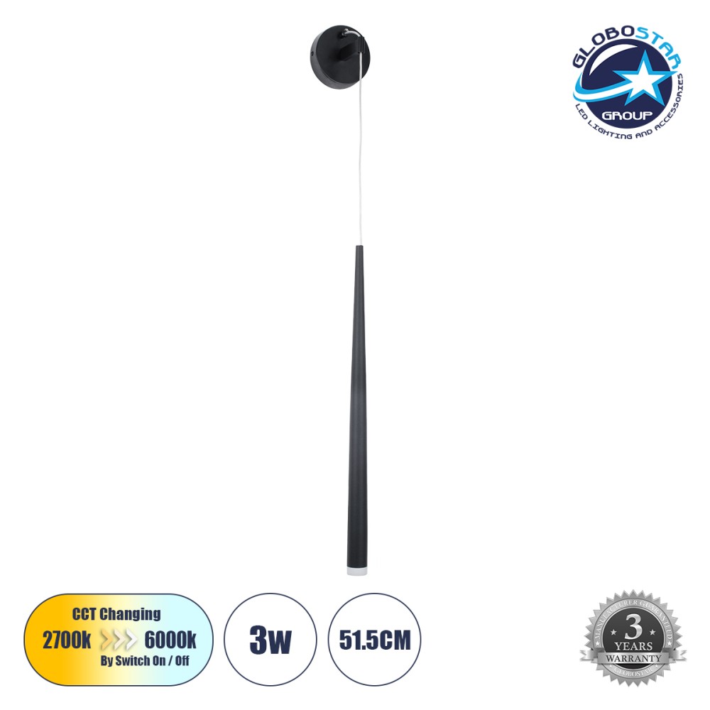 GLOBOSTAR® TEARS 61315 Μοντέρνο Φωτιστικό Τοίχου - Απλίκα LED 3W 300lm 180° AC 220-240V IP20 Ρυθμιζόμενο Λευκό CCT με On/Off 2700K/4500K/6000K - Lumileds SMD Chip - Μαύρο Ματ - Μ3.2 x Π3.2 x Υ51.5cm - 3 Χρόνια Εγγύηση