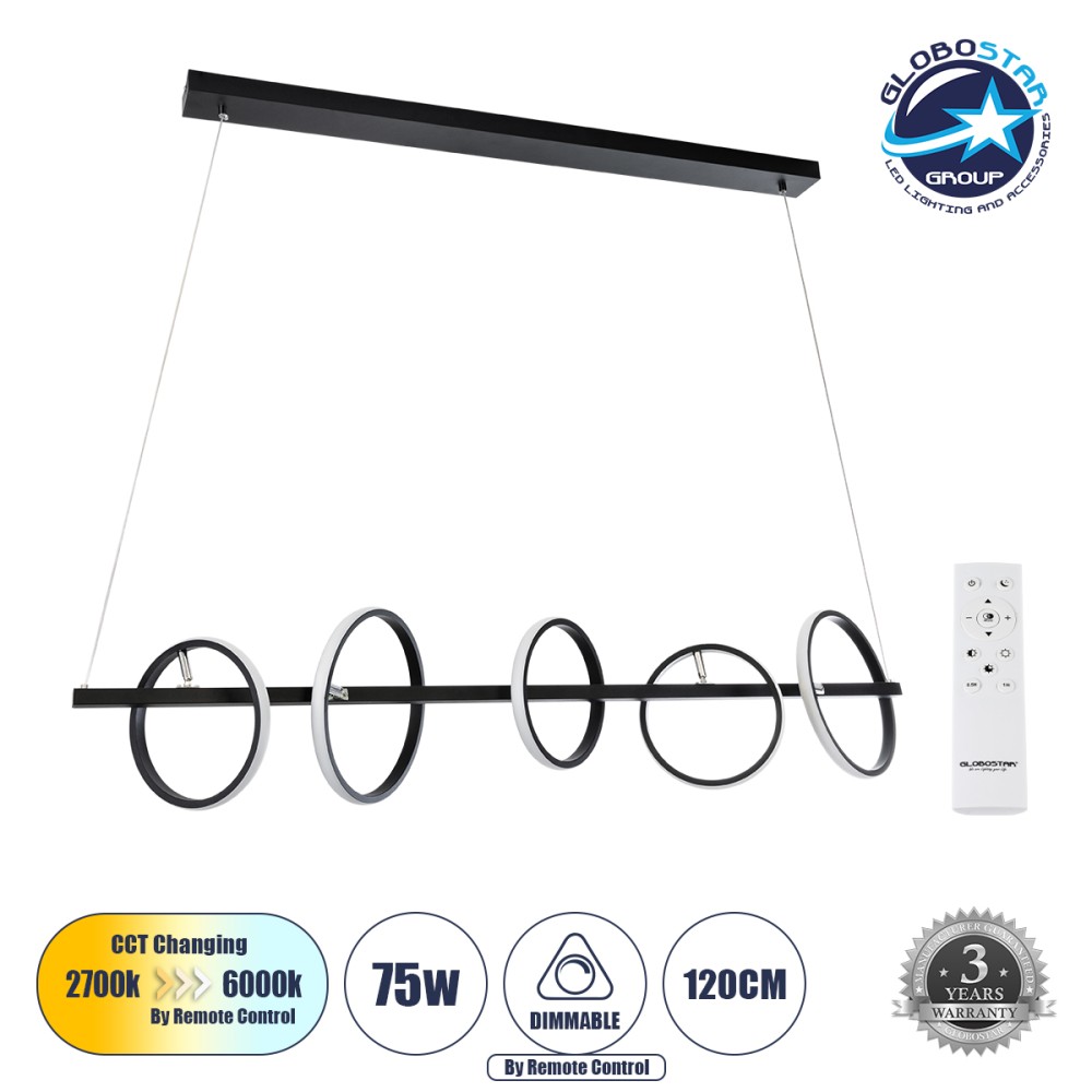 GLOBOSTAR® CIRCOLARE 61319 Μοντέρνο Κρεμαστό Φωτιστικό Οροφής LED 75W 7500lm 360° AC 220-240V IP20 Ρυθμιζόμενο Λευκό CCT με Χειριστήριο από 2700K έως 6000K Dimmable - Lumileds SMD Chip - Μαύρο Ματ - Μ120 x Π25 x Υ25cm - 3 Χρόνια Εγγύηση