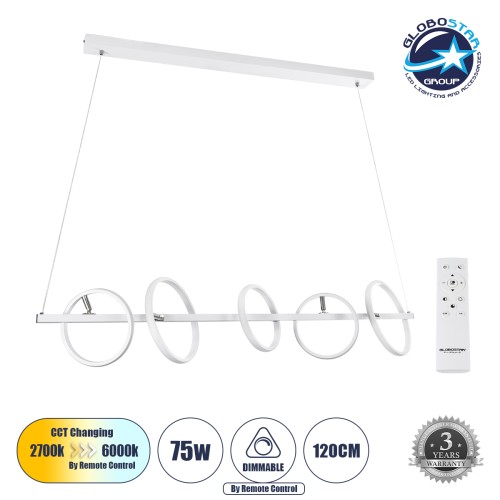 GLOBOSTAR® CIRCOLARE 61320 Μοντέρνο Κρεμαστό Φωτιστικό Οροφής LED 75W 8400lm 360° AC 220-240V IP20 Ρυθμιζόμενο Λευκό CCT με Χειριστήριο από 2700K έως 6000K Dimmable - Lumileds SMD Chip - Λευκό Ματ - Μ120 x Π25 x Υ25cm - 3 Χρόνια Εγγύηση