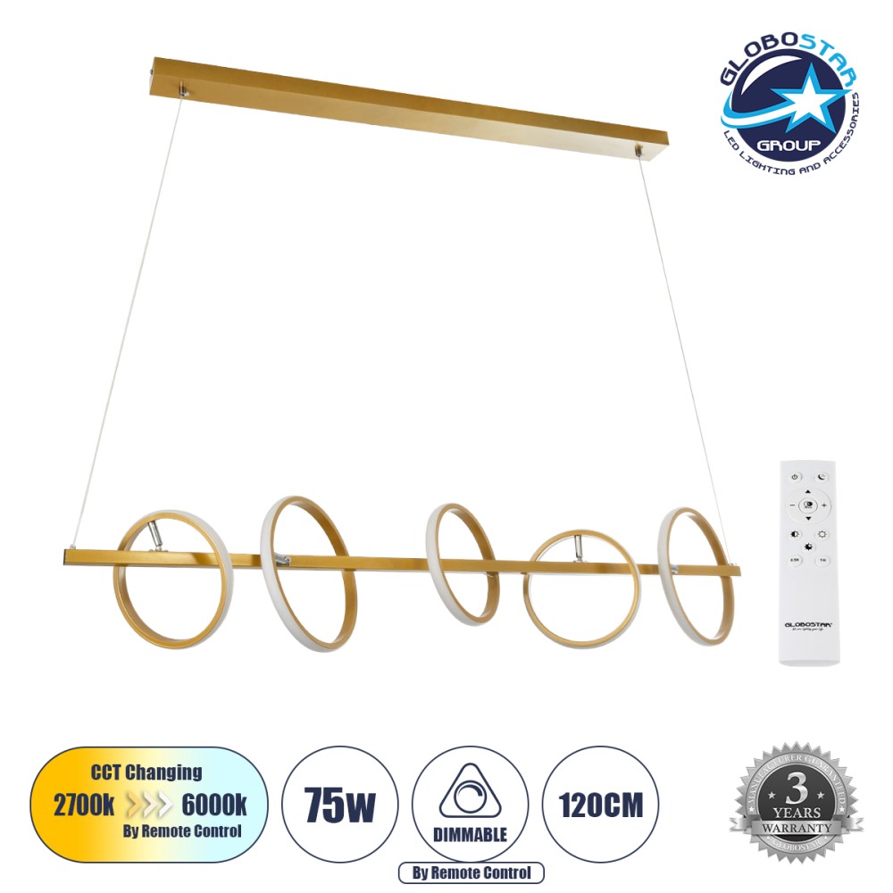 GLOBOSTAR® CIRCOLARE 61322 Μοντέρνο Κρεμαστό Φωτιστικό Οροφής LED 75W 8400lm 360° AC 220-240V IP20 Ρυθμιζόμενο Λευκό CCT με Χειριστήριο από 2700K έως 6000K Dimmable - Lumileds SMD Chip - Χρυσό - Μ120 x Π25 x Υ25cm - 3 Χρόνια Εγγύηση