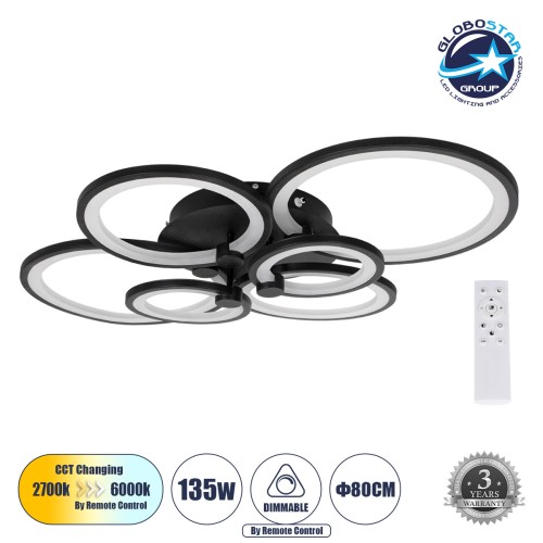 GLOBOSTAR® ROYAL-R 61323 Μοντέρνο Φωτιστικό Οροφής LED 135W 16200lm 360° AC 220-240V IP20 Ρυθμιζόμενο Λευκό CCT με Χειριστήριο από 2700K έως 6000K Dimmable - Lumileds SMD Chip - Μαύρο Ματ - Μ80.5 x Π59 x Υ12cm - 3 Χρόνια Εγγύηση