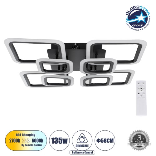 GLOBOSTAR® ROYAL-S 61325 Μοντέρνο Φωτιστικό Οροφής LED 135W 16200lm 360° AC 220-240V IP20 Ρυθμιζόμενο Λευκό CCT με Χειριστήριο από 2700K έως 6000K Dimmable - Lumileds SMD Chip - Μαύρο Ματ - Μ58.5 x Π58.5 x Υ12cm - 3 Χρόνια Εγγύηση