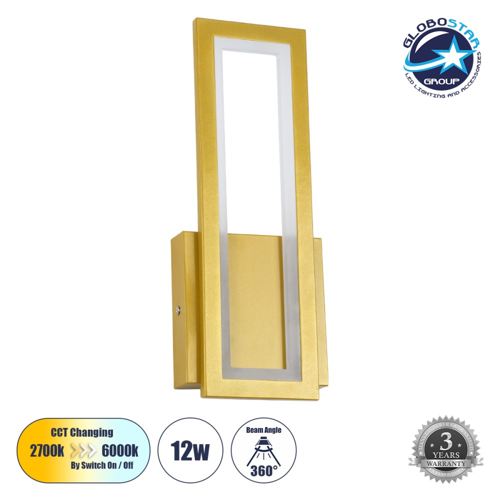 GLOBOSTAR® TIARA 61328 Μοντέρνο Φωτιστικό Τοίχου - Απλίκα LED 12W 1440lm 300° AC 220-240V IP20 Ρυθμιζόμενο Λευκό CCT με On/Off 2700K/4500K/6000K - Lumileds SMD Chip - Χρυσό Βούρτσας - Μ12.5 x Π4 x Υ32cm - 3 Χρόνια Εγγύηση