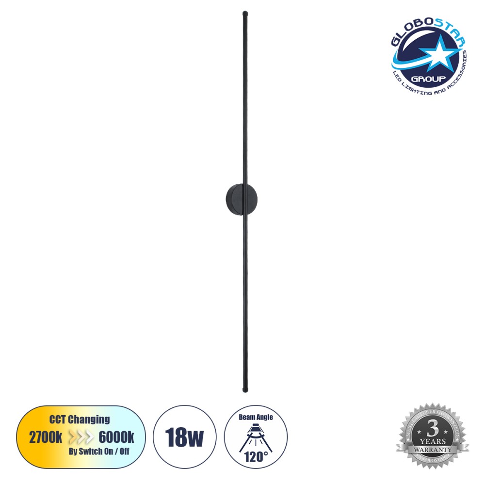 GLOBOSTAR® DIADEM 61333 Μοντέρνο Φωτιστικό Τοίχου - Απλίκα LED 18W 1800lm 120° AC 220-240V IP20 Ρυθμιζόμενο Λευκό CCT με On/Off 2700K/4500K/6000K - Lumileds SMD Chip - Μαύρο Ματ - Μ10 x Π4 x Υ120cm - 3 Χρόνια Εγγύηση