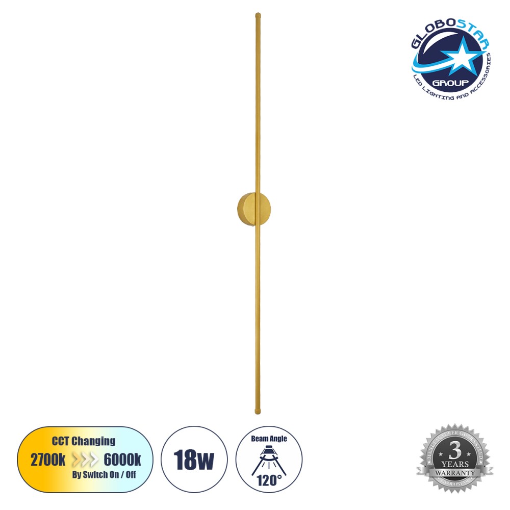 GLOBOSTAR® DIADEM 61334 Μοντέρνο Φωτιστικό Τοίχου - Απλίκα LED 18W 1800lm 120° AC 220-240V IP20 Ρυθμιζόμενο Λευκό CCT με On/Off 2700K/4500K/6000K - Lumileds SMD Chip - Χρυσό Βούρτσας - Μ10 x Π4 x Υ120cm - 3 Χρόνια Εγγύηση