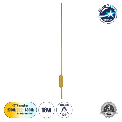 GLOBOSTAR® HARLEM 61336 Μοντέρνο Φωτιστικό Τοίχου - Απλίκα LED 18W 2160lm 120° AC 220-240V IP20 Ρυθμιζόμενο Λευκό CCT με On/Off 2700K/4500K/6000K - Lumileds SMD Chip - Χρυσό Βούρτσας - Μ5 x Π4 x Υ120cm - 3 Χρόνια Εγγύηση
