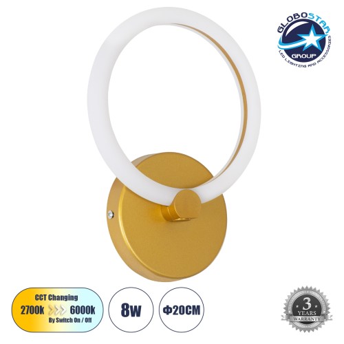 GLOBOSTAR® MATILDA 61340 Μοντέρνο Φωτιστικό Τοίχου - Απλίκα LED 8W 960lm 360° AC 220-240V IP20 Ρυθμιζόμενο Λευκό CCT με On/Off 2700K/4500K/6000K - Lumileds SMD Chip - Χρυσό - Μ20 x Π5 x Υ25.5cm - 3 Χρόνια Εγγύηση