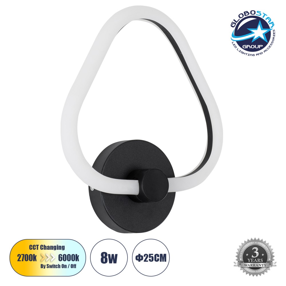 GLOBOSTAR® REGINA 61341 Μοντέρνο Φωτιστικό Τοίχου - Απλίκα LED 8W 960lm 360° AC 220-240V IP20 Ρυθμιζόμενο Λευκό CCT με On/Off 2700K/4500K/6000K - Lumileds SMD Chip - Μαύρο Ματ - Μ25 x Π7 x Υ28.5cm - 3 Χρόνια Εγγύηση