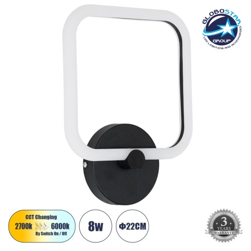 GLOBOSTAR® ELIZA 61343 Μοντέρνο Φωτιστικό Τοίχου - Απλίκα LED 8W 960lm 360° AC 220-240V IP20 Ρυθμιζόμενο Λευκό CCT με On/Off 2700K/4500K/6000K - Lumileds SMD Chip - Μαύρο Ματ - Μ22 x Π5 x Υ28.5cm - 3 Χρόνια Εγγύηση