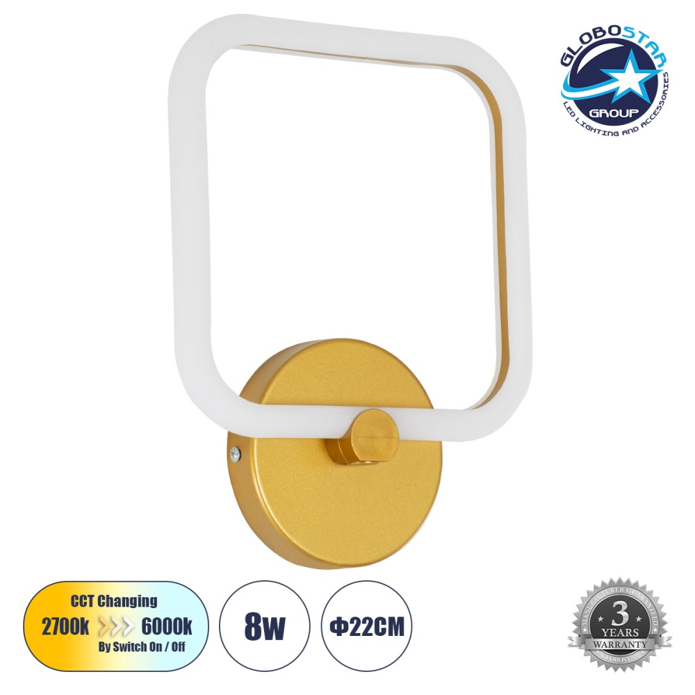 GLOBOSTAR® ELIZA 61344 Μοντέρνο Φωτιστικό Τοίχου - Απλίκα LED 8W 960lm 360° AC 220-240V IP20 Ρυθμιζόμενο Λευκό CCT με On/Off 2700K/4500K/6000K - Lumileds SMD Chip - Χρυσό - Μ22 x Π5 x Υ28.5cm - 3 Χρόνια Εγγύηση