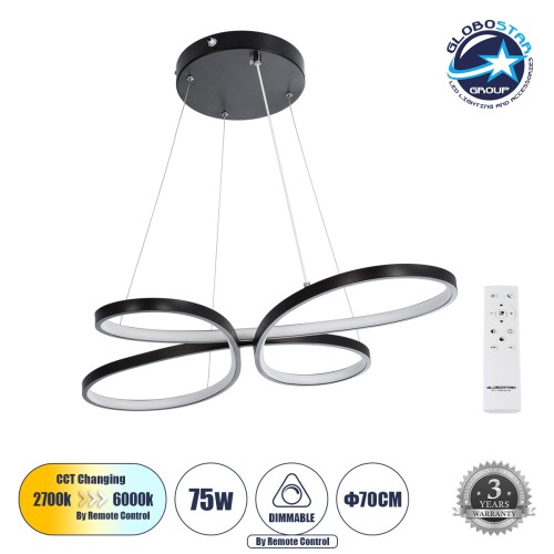 GLOBOSTAR® BUTTERFLY 61391 Μοντέρνο Κρεμαστό Φωτιστικό Οροφής LED 75W 7500lm 300° AC 220-240V IP20 Ρυθμιζόμενο Λευκό CCT με Χειριστήριο από 2700K έως 6000K Dimmable - Lumileds SMD Chip - Μαύρο Ματ - Μ70 x Π55 x Υ4cm - 3 Χρόνια Εγγύηση