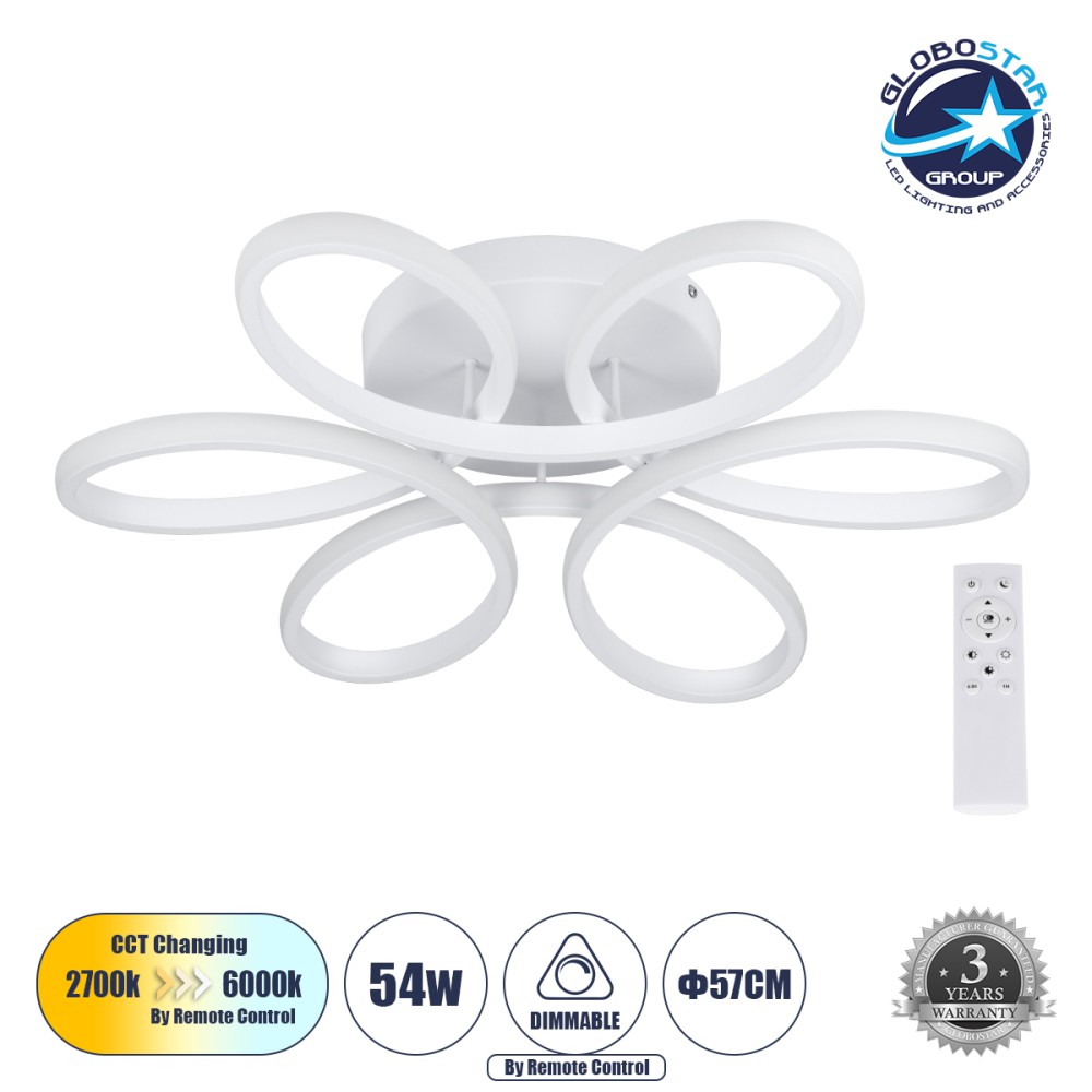 GLOBOSTAR® MARGARET 61401 Μοντέρνο Φωτιστικό Οροφής LED 54W 5400lm 360° AC 220-240V IP20 Ρυθμιζόμενο Λευκό CCT με Χειριστήριο από 2700K έως 6000K Dimmable - Lumileds SMD Chip - Λευκό Ματ - Μ57 x Π57 x Υ12cm - 3 Χρόνια Εγγύηση