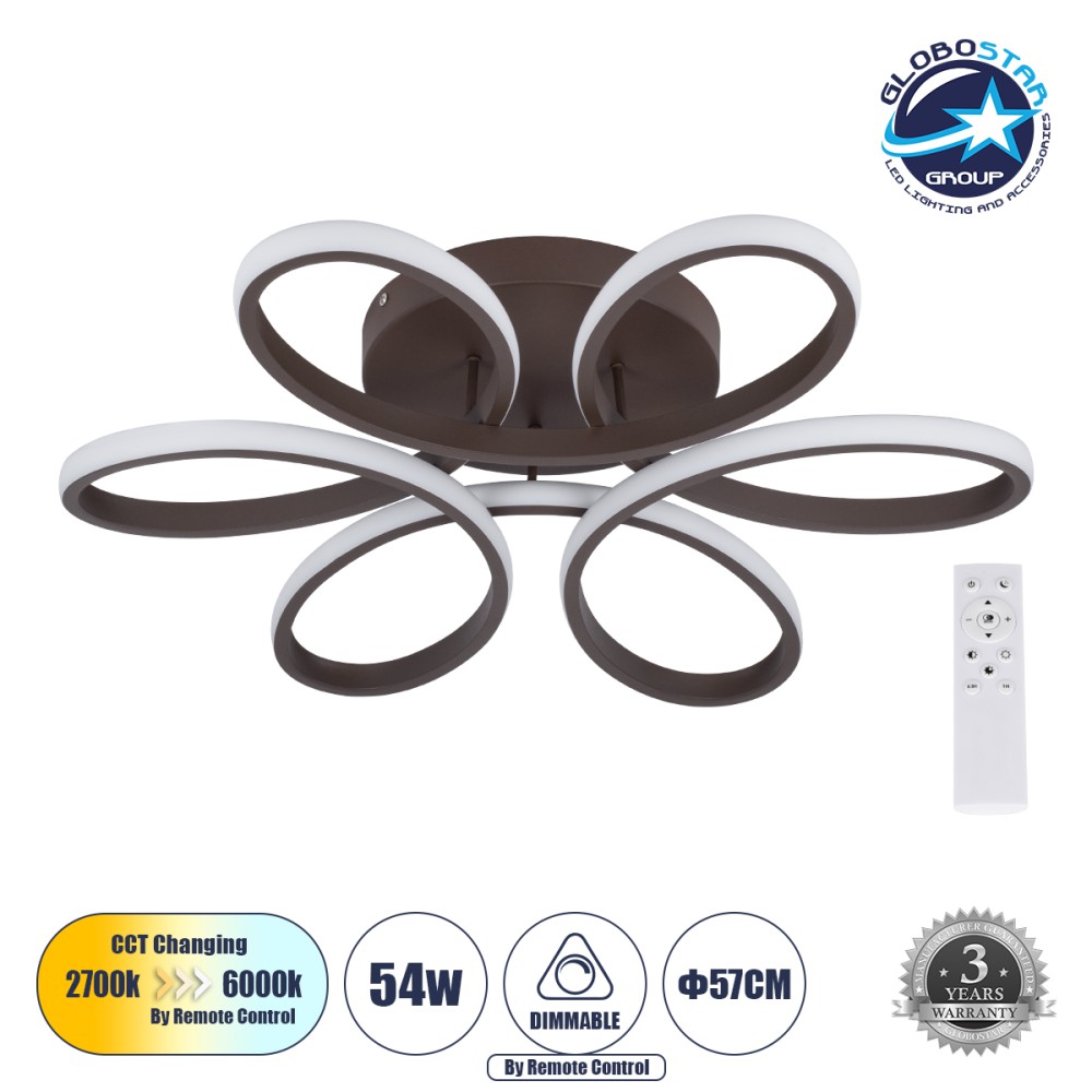 GLOBOSTAR® MARGARET 61402 Μοντέρνο Φωτιστικό Οροφής LED 54W 5400lm 360° AC 220-240V IP20 Ρυθμιζόμενο Λευκό CCT με Χειριστήριο από 2700K έως 6000K Dimmable - Lumileds SMD Chip - Καφέ Ματ - Μ57 x Π57 x Υ12cm - 3 Χρόνια Εγγύηση