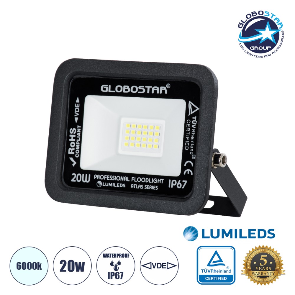 GLOBOSTAR® ATLAS 61410 Προβολέας LED 20W 2500lm 120° AC 220-240V Αδιάβροχο IP67 Ψυχρό Λευκό 6000K - Lumileds SMD Chip - TÜV Rheinland Certified - Μαύρο Ματ - Μ12 x Π2.5 x Υ9.5cm - 5 Χρόνια Εγγύηση