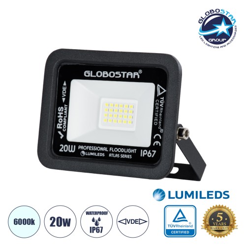 GLOBOSTAR® ATLAS 61410 Προβολέας LED 20W 2500lm 120° AC 220-240V Αδιάβροχο IP67 Ψυχρό Λευκό 6000K - Lumileds SMD Chip - TÜV Rheinland Certified - Μαύρο Ματ - Μ12 x Π2.5 x Υ9.5cm - 5 Χρόνια Εγγύηση