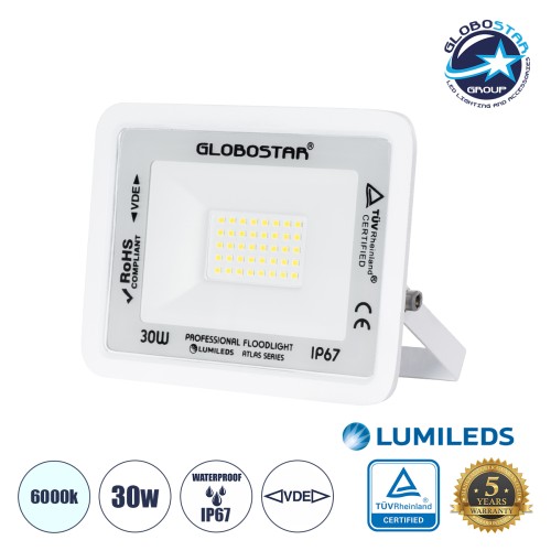 GLOBOSTAR® ATLAS 61413 Προβολέας LED 30W 3750lm 120° AC 220-240V Αδιάβροχο IP67 Ψυχρό Λευκό 6000K - Lumileds SMD Chip - TÜV Rheinland Certified - Λευκό Ματ - Μ16 x Π2.5 x Υ12.5cm - 5 Χρόνια Εγγύηση