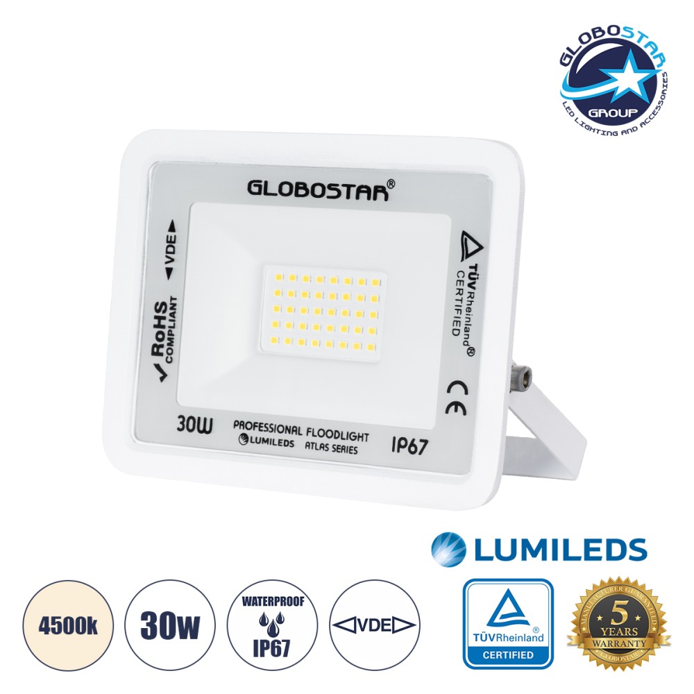 GLOBOSTAR® ATLAS 61414 Προβολέας LED 30W 3600lm 120° AC 220-240V Αδιάβροχο IP67 Φυσικό Λευκό 4500K - Lumileds SMD Chip - TÜV Rheinland Certified - Λευκό Ματ - Μ16 x Π2.5 x Υ12.5cm - 5 Χρόνια Εγγύηση