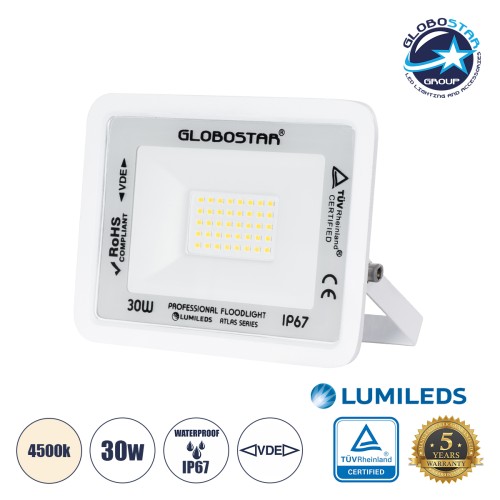 GLOBOSTAR® ATLAS 61414 Προβολέας LED 30W 3600lm 120° AC 220-240V Αδιάβροχο IP67 Φυσικό Λευκό 4500K - Lumileds SMD Chip - TÜV Rheinland Certified - Λευκό Ματ - Μ16 x Π2.5 x Υ12.5cm - 5 Χρόνια Εγγύηση