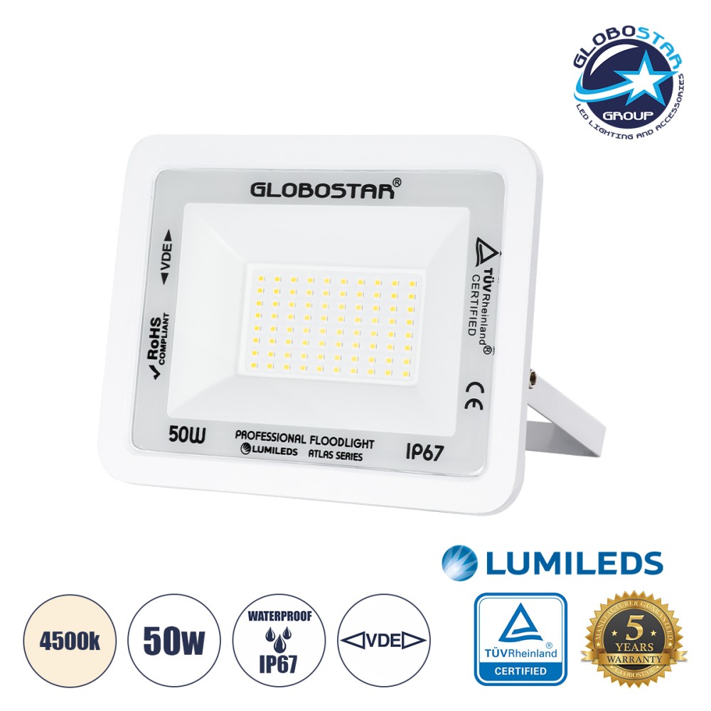 GLOBOSTAR® ATLAS 61420 Προβολέας LED 50W 6000lm 120° AC 220-240V Αδιάβροχο IP67 Φυσικό Λευκό 4500K - Lumileds SMD Chip - TÜV Rheinland Certified - Λευκό Ματ - Μ21 x Π3.5 x Υ16cm - 5 Χρόνια Εγγύηση
