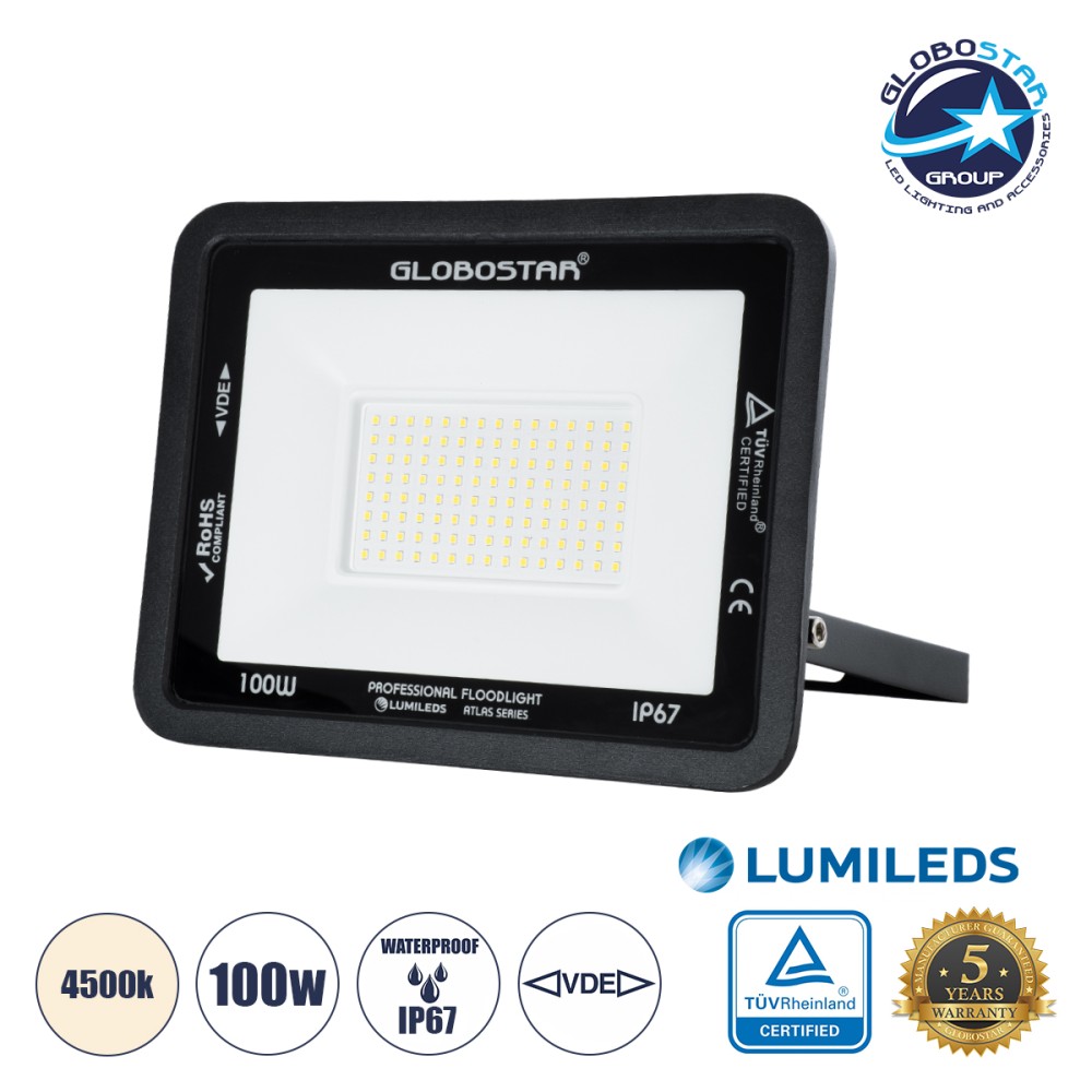 GLOBOSTAR® ATLAS 61426 Προβολέας LED 100W 12000lm 120° AC 220-240V Αδιάβροχο IP67 Φυσικό Λευκό 4500K - Lumileds SMD Chip - TÜV Rheinland Certified - Μαύρο Ματ - Μ27 x Π4 x Υ21cm - 5 Χρόνια Εγγύηση