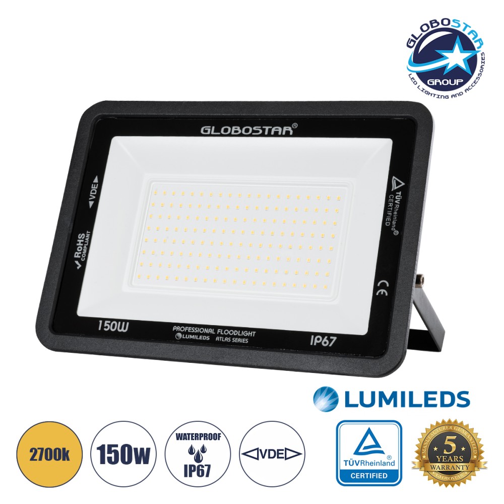 GLOBOSTAR® ATLAS 61430 Προβολέας LED 150W 17250lm 120° AC 220-240V Αδιάβροχο IP67 Θερμό Λευκό 2700K - Lumileds SMD Chip - TÜV Rheinland Certified - Μαύρο Ματ - Μ32 x Π4 x Υ23cm - 5 Χρόνια Εγγύηση