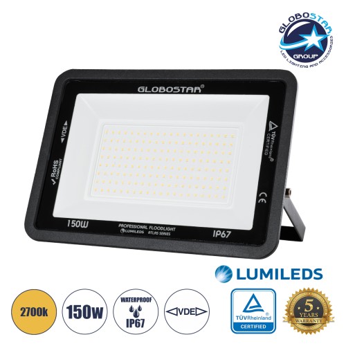 GLOBOSTAR® ATLAS 61430 Προβολέας LED 150W 17250lm 120° AC 220-240V Αδιάβροχο IP67 Θερμό Λευκό 2700K - Lumileds SMD Chip - TÜV Rheinland Certified - Μαύρο Ματ - Μ32 x Π4 x Υ23cm - 5 Χρόνια Εγγύηση