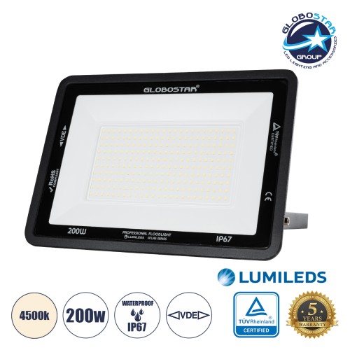 GLOBOSTAR® ATLAS 61432 Προβολέας LED 200W 24000lm 120° AC 220-240V Αδιάβροχο IP67 Φυσικό Λευκό 4500K - Lumileds SMD Chip - TÜV Rheinland Certified - Μαύρο Ματ - Μ38 x Π4 x Υ28cm - 5 Χρόνια Εγγύηση