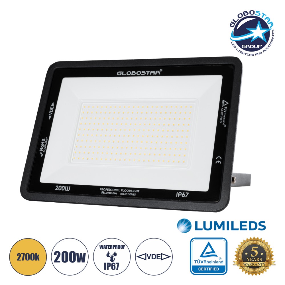 GLOBOSTAR® ATLAS 61433 Προβολέας LED 200W 23000lm 120° AC 220-240V Αδιάβροχο IP67 Θερμό Λευκό 2700K - Lumileds SMD Chip - TÜV Rheinland Certified - Μαύρο Ματ - Μ38 x Π4 x Υ28cm - 5 Χρόνια Εγγύηση