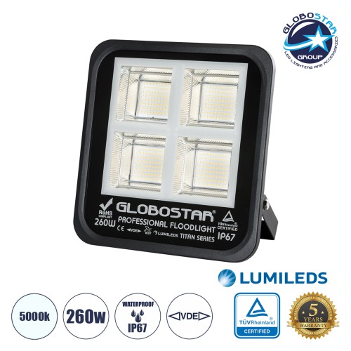 GLOBOSTAR® TITAN 61434 Προβολέας για Γήπεδα Tennis & Ποδοσφαίρου 5x5 LED 260W 32500lm 60°x90° AC 220-240V Αδιάβροχο IP67 Φυσικό Λευκό 5000K - Lumileds SMD Chip - TÜV Rheinland Certified - Μαύρο Ματ - Μ30 x Π8 x Υ28cm - 5 Χρόνια Εγγύηση