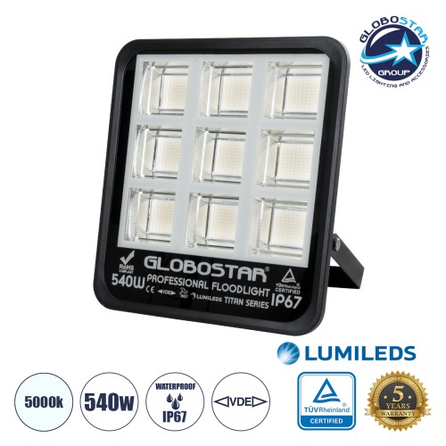 GLOBOSTAR® TITAN 61436 Προβολέας για Γήπεδα Tennis & Ποδοσφαίρου 5x5 LED 540W 67500lm 60°x90° AC 220-240V Αδιάβροχο IP67 Φυσικό Λευκό 5000K - Lumileds SMD Chip - TÜV Rheinland Certified - Μαύρο Ματ - Μ38 x Π8 x Υ42cm - 5 Χρόνια Εγγύηση