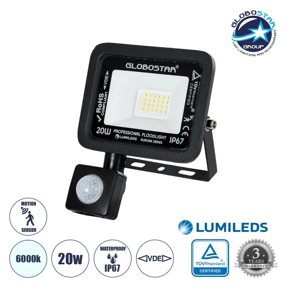 GLOBOSTAR® AURORA 61437 Προβολέας με Ανιχνευτή PIR / Αισθητήρα Κίνησης LED 20W 2500lm 120° AC 220-240V Αδιάβροχο IP67 Ψυχρό Λευκό 6000K - Lumileds SMD Chip - TÜV Rheinland Certified - Μαύρο Ματ - Μ12 x Π5 x Υ14.5cm - 3 Χρόνια Εγγύηση