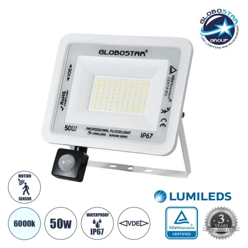 GLOBOSTAR® AURORA 61442 Προβολέας με Ανιχνευτή PIR / Αισθητήρα Κίνησης LED 50W 6250lm 120° AC 220-240V Αδιάβροχο IP67 Ψυχρό Λευκό 6000K - Lumileds SMD Chip - TÜV Rheinland Certified - Λευκό Ματ - Μ21 x Π5 x Υ21cm - 3 Χρόνια Εγγύηση