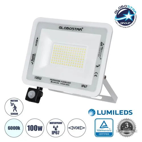 GLOBOSTAR® AURORA 61444 Προβολέας με Ανιχνευτή PIR / Αισθητήρα Κίνησης LED 100W 12500lm 120° AC 220-240V Αδιάβροχο IP67 Ψυχρό Λευκό 6000K - Lumileds SMD Chip - TÜV Rheinland Certified - Λευκό Ματ - Μ25 x Π6.5 x Υ27.5cm - 3 Χρόνια Εγγύηση