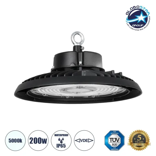 GLOBOSTAR® INDUSTRY 61502 Βιομηχανικό Φωτιστικό Καμπάνα High Bay UFO LED 200W 30000lm SDCM<5 90° AC 85-265V Αδιάβροχο IP65 IK08 Φυσικό Λευκό 5000K - 338 x Sanan Opto SMD Chip & TÜV SÜD Driver - Μαύρο Χυτό Αλουμίνιο - Μ30 x Π30 x Υ16cm - 5 Χρόνια Εγ
