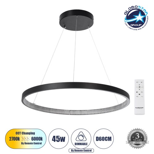 GLOBOSTAR® DIAMOND 61522 Μοντέρνο Κρεμαστό Φωτιστικό Οροφής LED 45W 5040lm 360° AC 220-240V IP20 Ρυθμιζόμενο Λευκό CCT με Χειριστήριο από 2700K έως 6000K Dimmable - Lumileds SMD Chip - Μαύρο Ματ - Μ60 x Π60 x Υ3cm - 3 Χρόνια Εγγύηση
